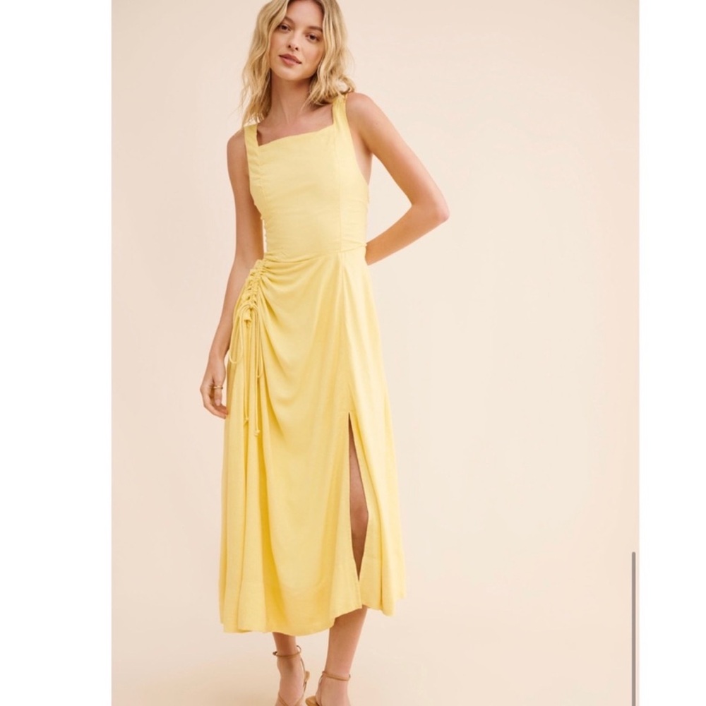 Free People Yellow Midi Dress with Side Ruched Detail